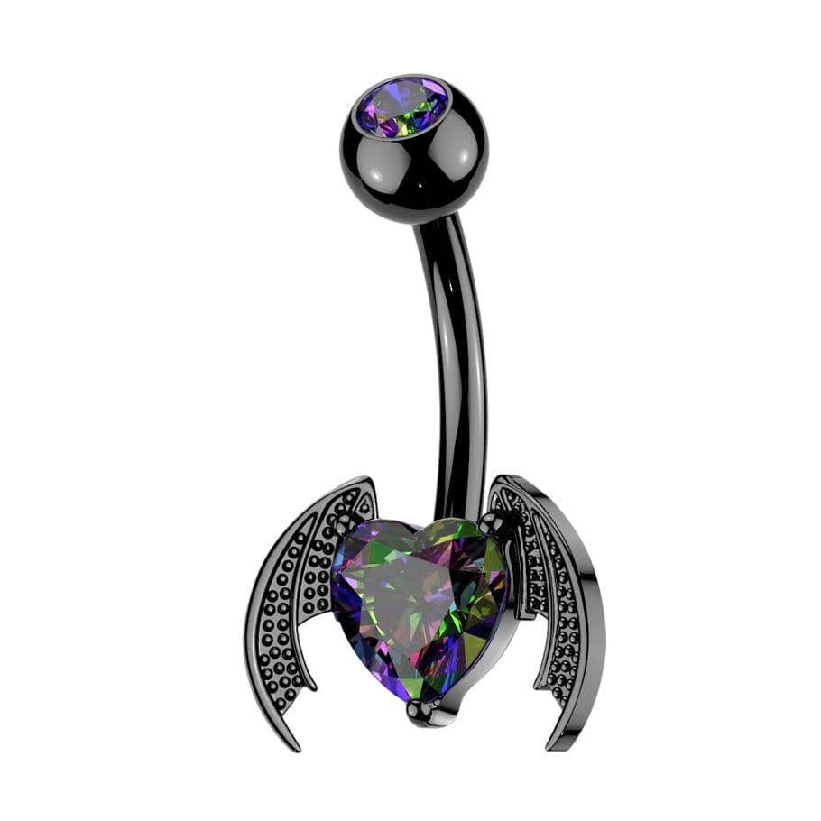 Černý piercing do pupíku okřídlené srdce  netopýr
