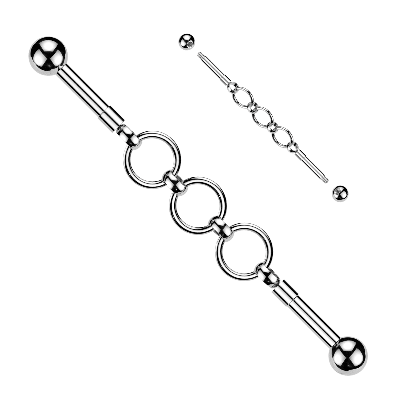 Ocelový industrial piercing s kroužky