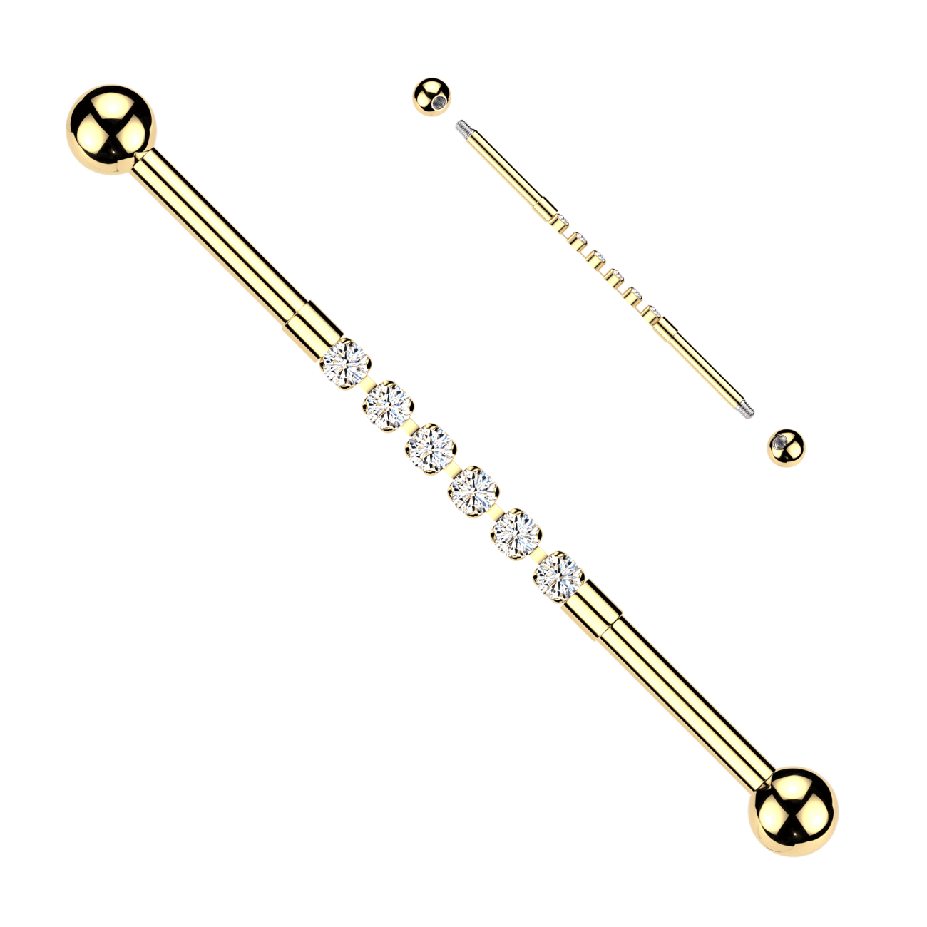 Zlacený industrial piercing se zirkony
