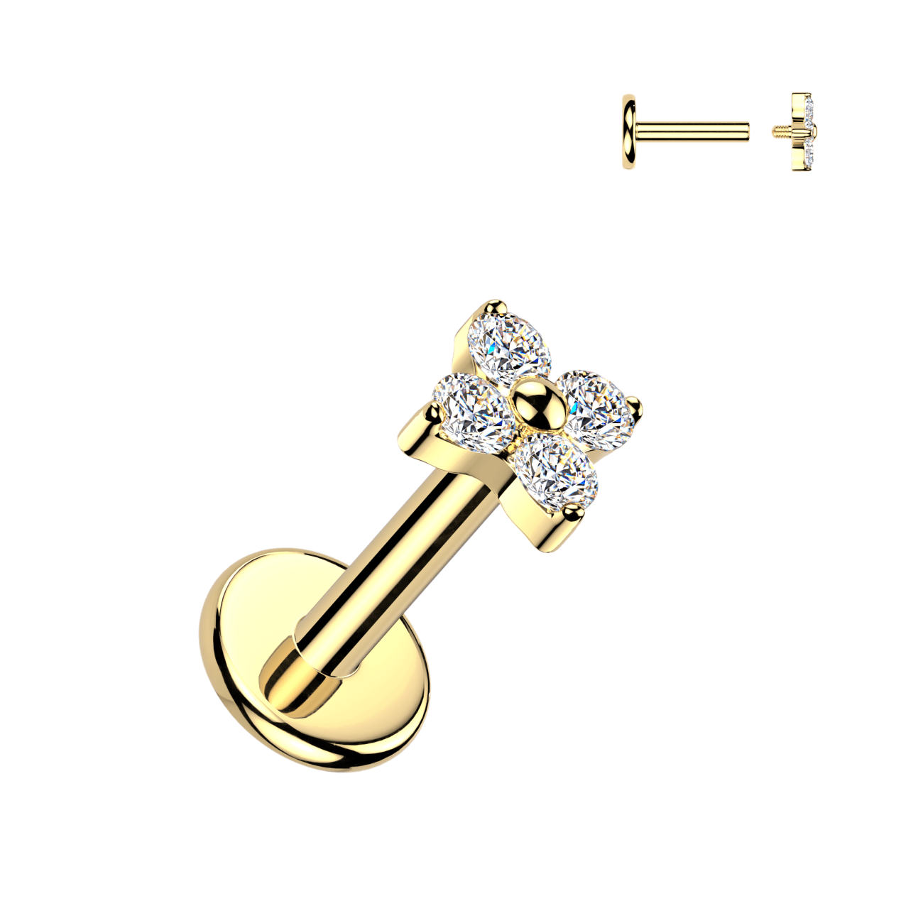 Piercing do brady labreta  zlacená květina se zirkony TITAN (1,2 x 6 mm)