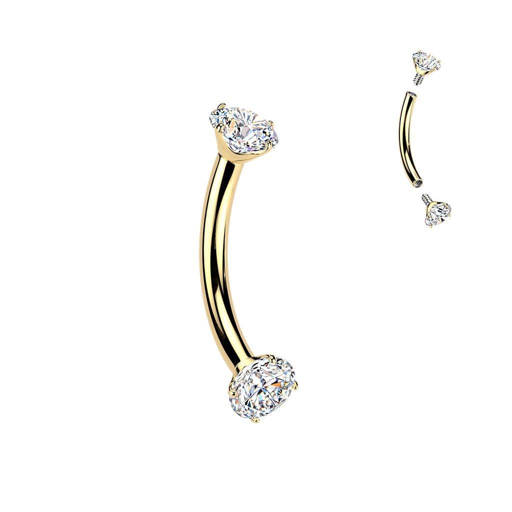 Luxusní zlacený piercing do obočí s Moissanity 2 x 0.11 ct, TITAN (1,2 x 8 mm)