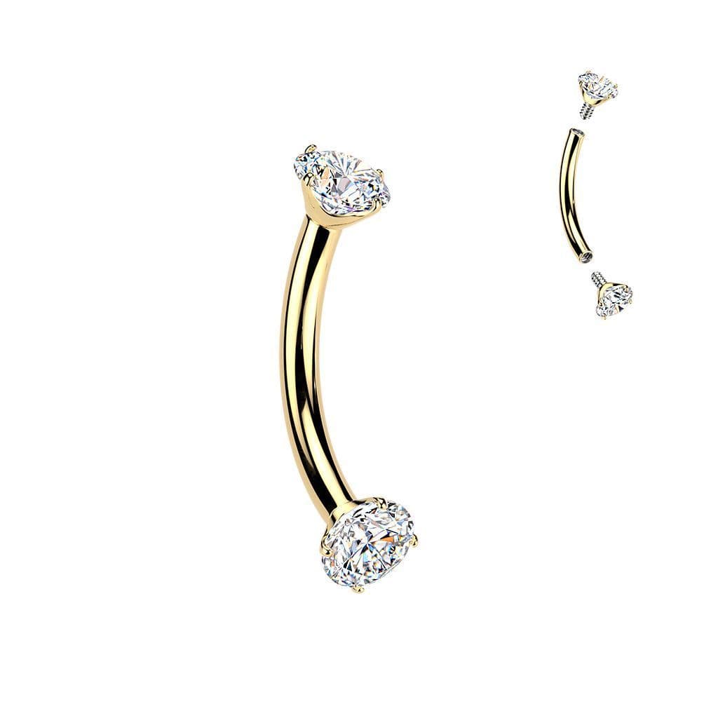 Luxusní zlacený piercing do obočí s Moissanity 2 x 0.11 ct, TITAN (1,2 x 10 mm)