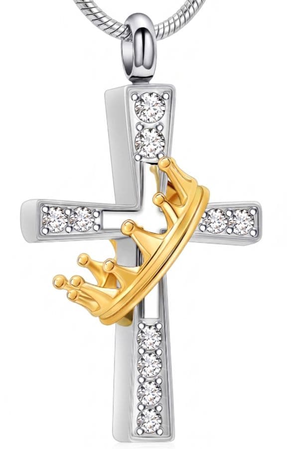 Ocelový pietní náhrdelník  kříž s korunou a zirkony