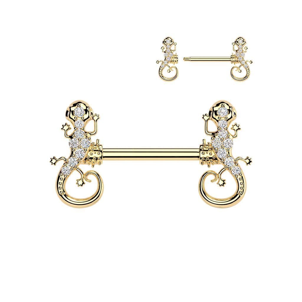 Zlacený piercing do bradavky - ještěrka
