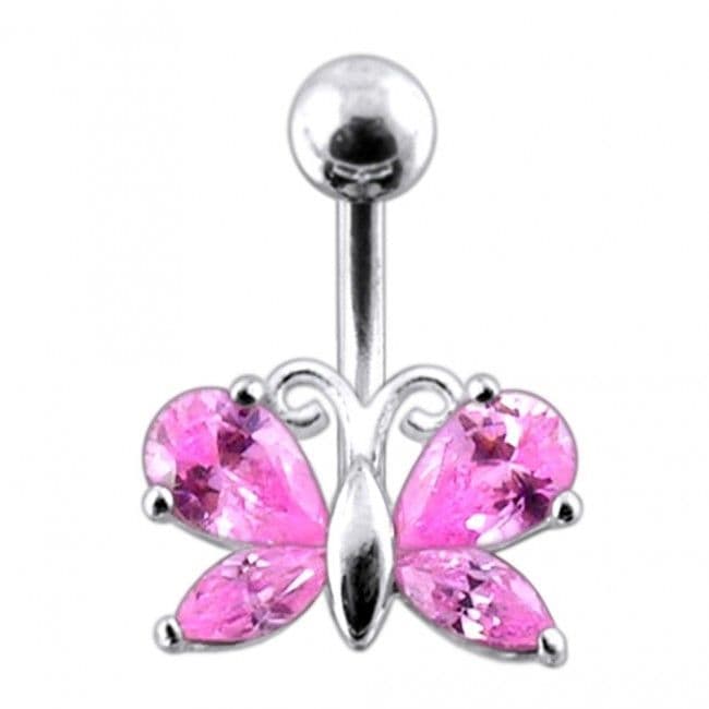 Stříbrný piercing do pupíku - motýlek (růžová)