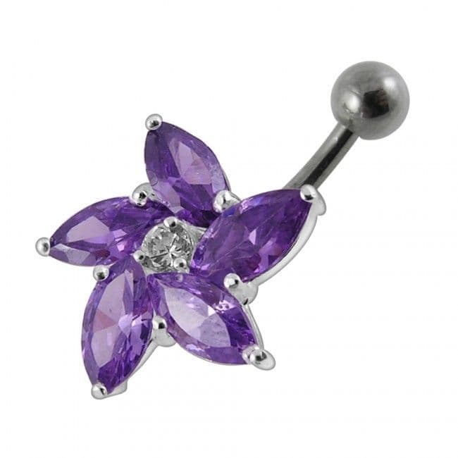 Stříbrný piercing do pupíku - kytička (fialová)