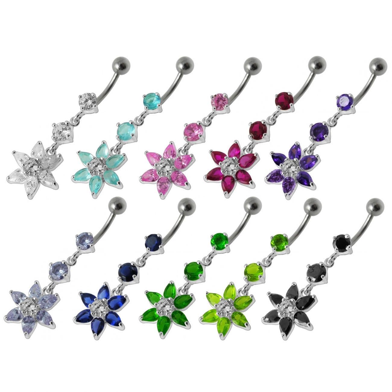 Stříbrný piercing do pupíku - kytička (čirá)
