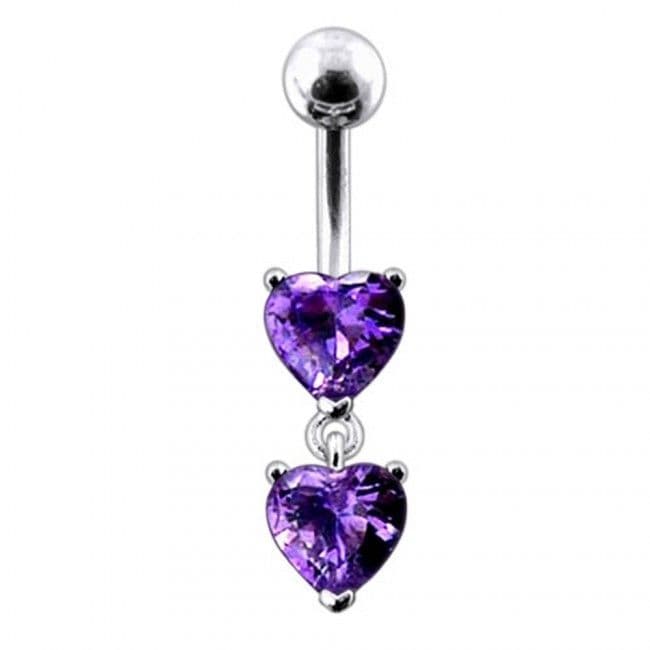 Stříbrný piercing do pupíku - srdíčka (fialová)