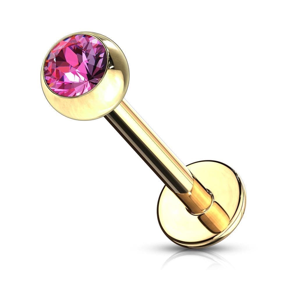 Pozlacený piercing do brady - labreta (tmavě růžová, 3 mm, 1,2 x 8 mm)