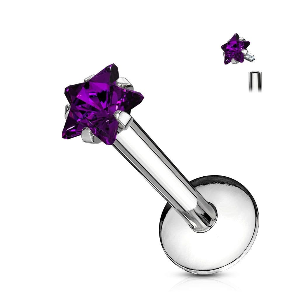 Piercing do brady labreta - hvězda 3 mm (fialová)