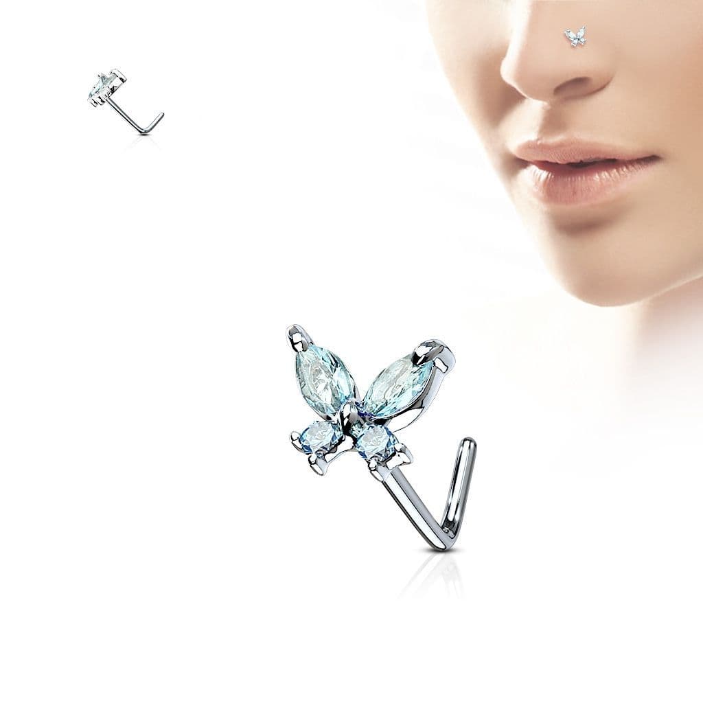 Zahnutý piercing do nosu - motýlek (tyrkysová)