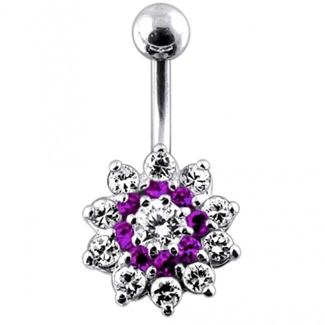 Stříbrný piercing do pupíku - kytička (čirá/tmavě  fialová)
