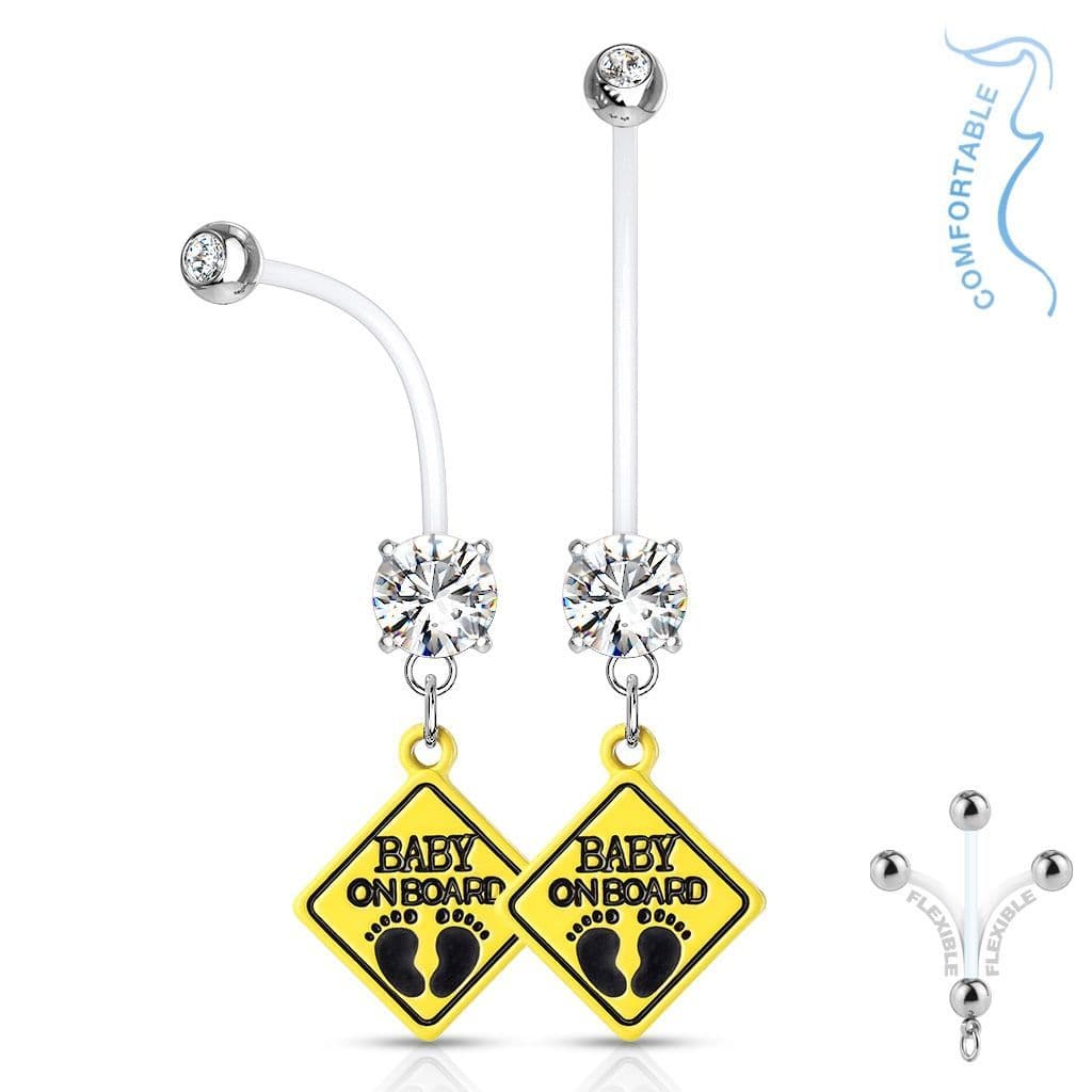 Těhotenský piercing do pupíku - baby on board (čirá)