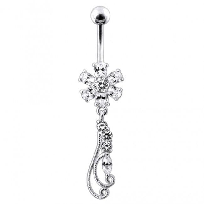 Stříbrný piercing do pupíku - kytička (čirá)
