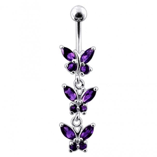 Stříbrný piercing do pupíku s motýlky (fialová)