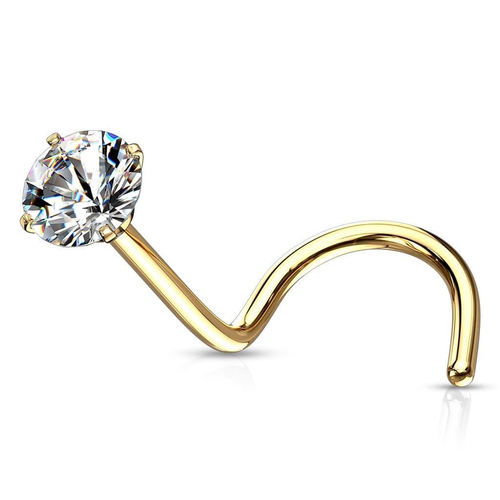 Zlacený zahnutý piercing do nosu - čirý zirkon (2,5 mm)