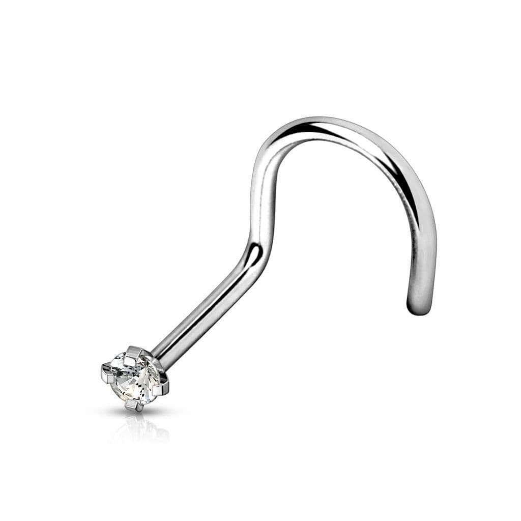 Zahnutý piercing do nosu - titan, čirý kamínek (čirá, 2 mm, 1,0 x 6 mm)