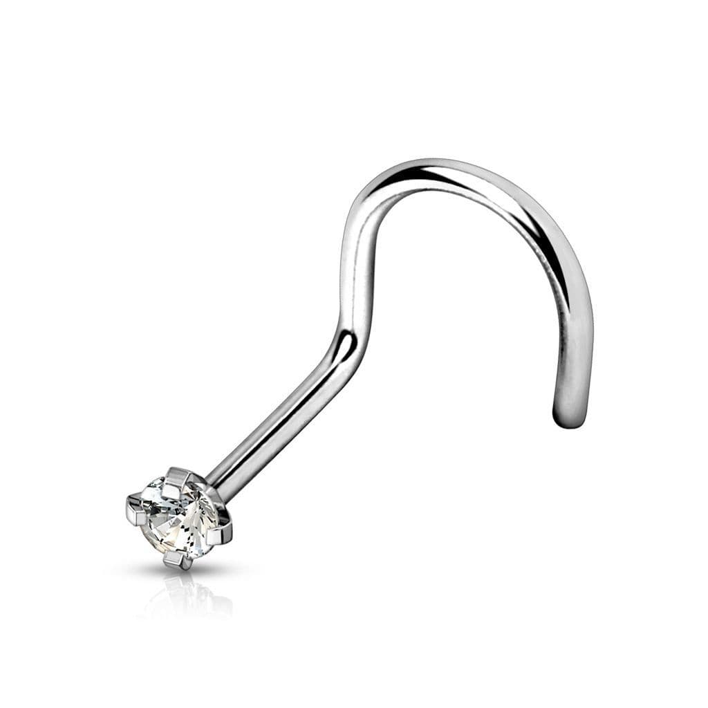 Zahnutý piercing do nosu - titan, čirý kamínek (čirá, 2,5 mm, 1,0 x 6 mm)