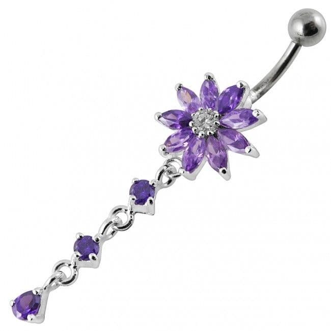 Stříbrný piercing do pupíku - kytička (fialová)