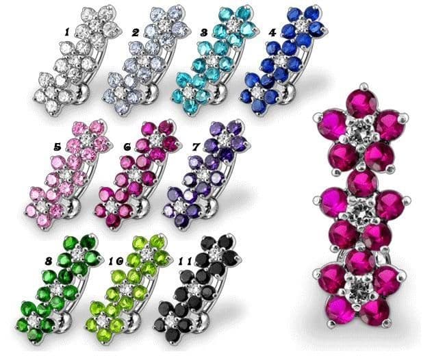 Stříbrný piercing do pupíku se štítem - kytičky (fialová)