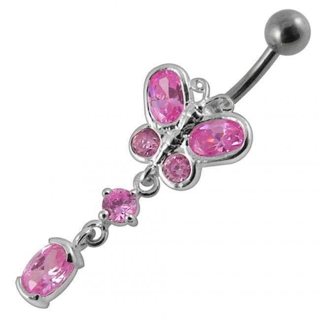 Stříbrný piercing do pupíku - motýlek (růžová)