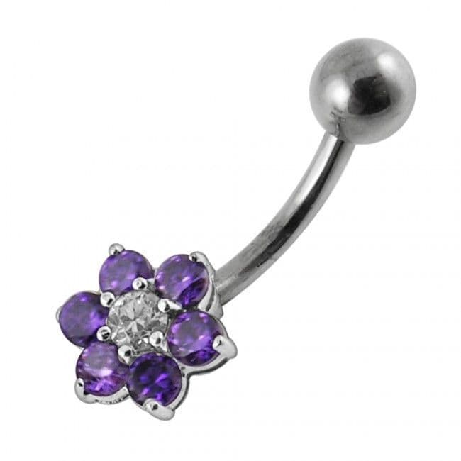 Stříbrný piercing do pupíku - kytička (fialová)
