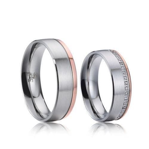 Snubní prsteny chirurgická ocel - pár - Ocelové snubní prsteny matné s rose gold proužkem a zirkony