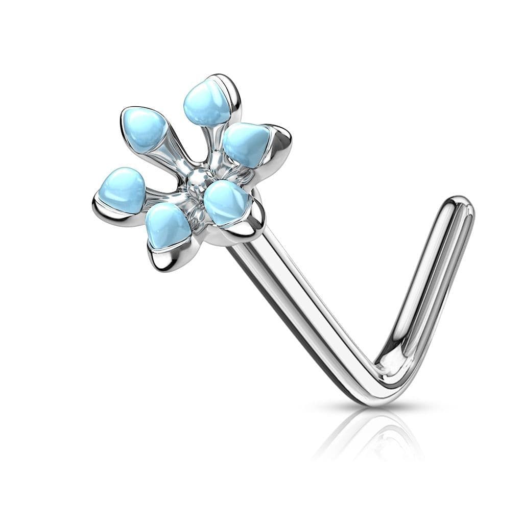 Zahnutý piercing do nosu kytička (tyrkysová)