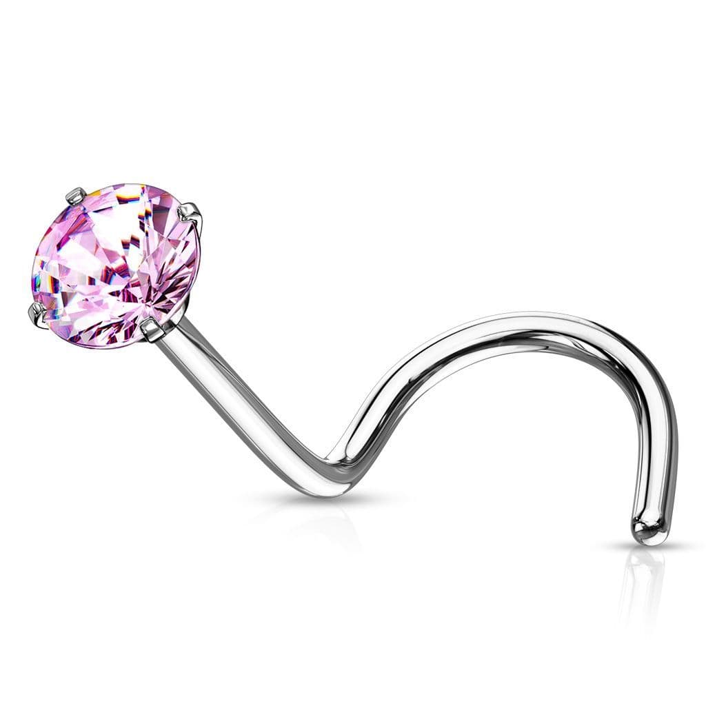 Zahnutý piercing do nosu - růžový zirkon (3 mm)