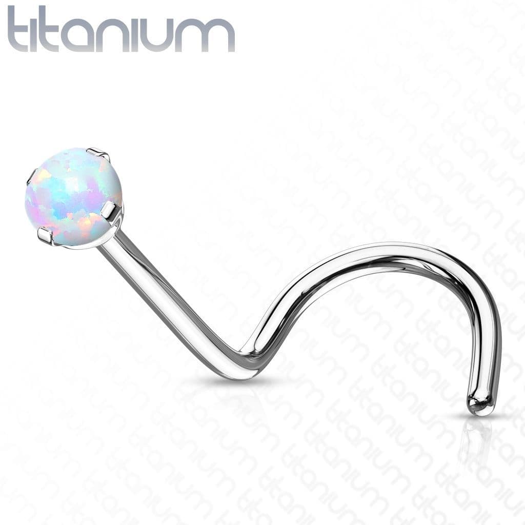 Zahnutý piercing do nosu - TITAN, opál (bílá)