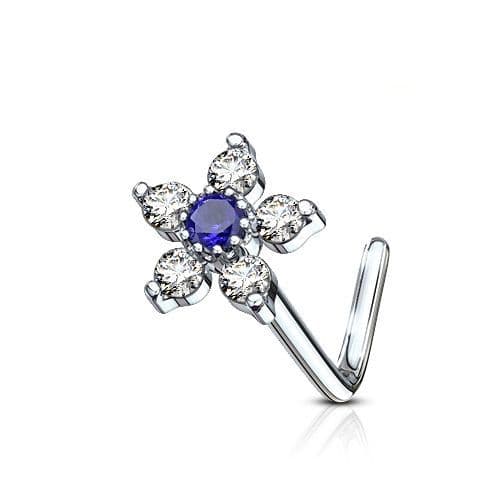 Zahnutý piercing do nosu, modrý kamínek