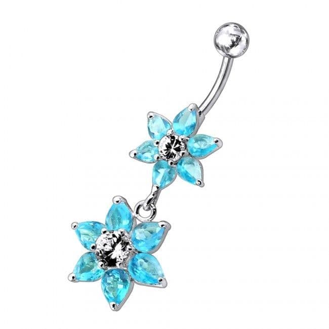 Stříbrný piercing do pupíku - kytičky (tyrkysová)