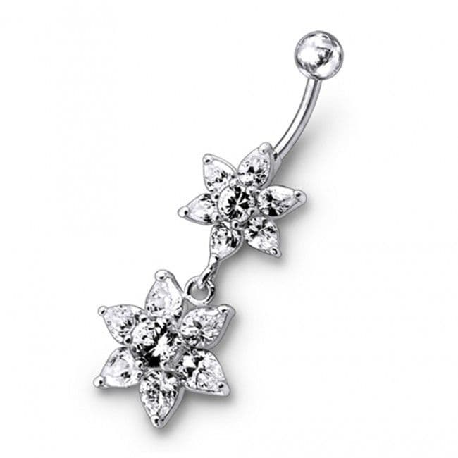 Stříbrný piercing do pupíku - kytičky (čirá)
