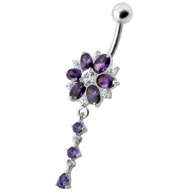 Stříbrný piercing do pupíku - kytička (fialová)
