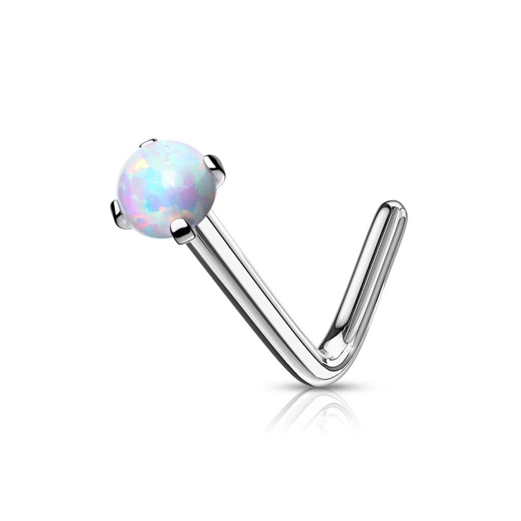 Zahnutý piercing do nosu - opál (bílá)