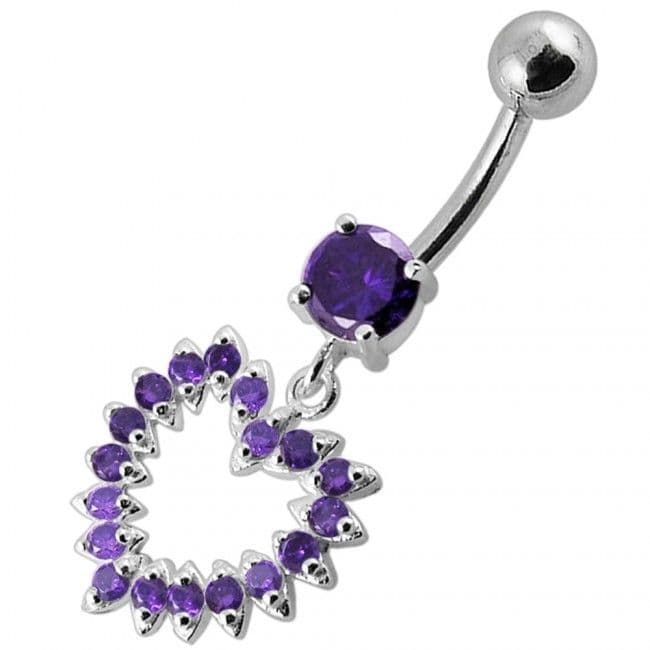 Stříbrný piercing do pupíku - srdce (4 mm fialová)