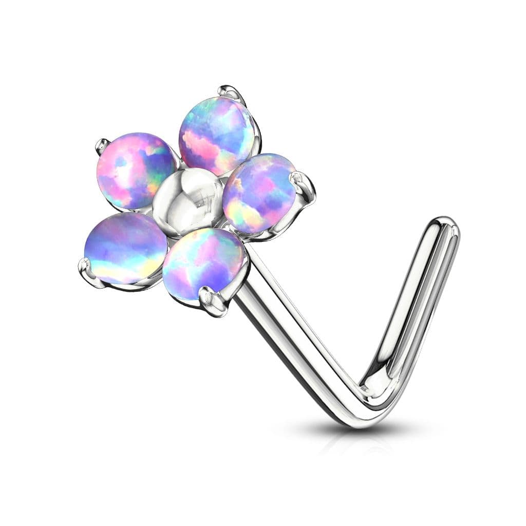Zahnutý piercing do nosu - kytička s opály (fialová)