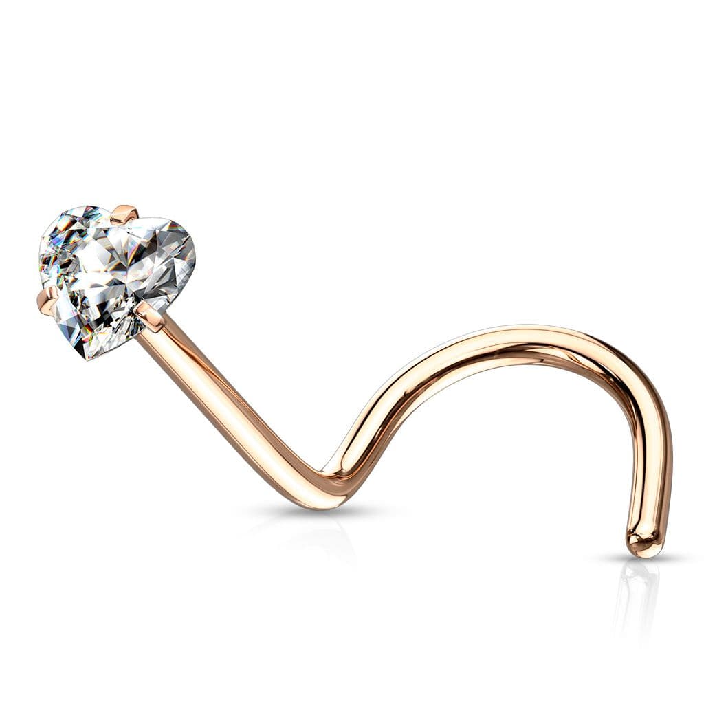 Zahnutý zlacený piercing do nosu srdíčko (růžové zlato)