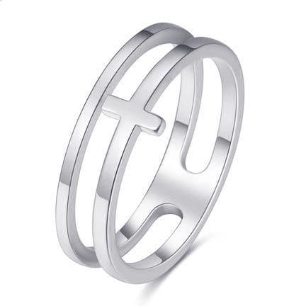Dvojitý ocelový prsten s křížkem (50)