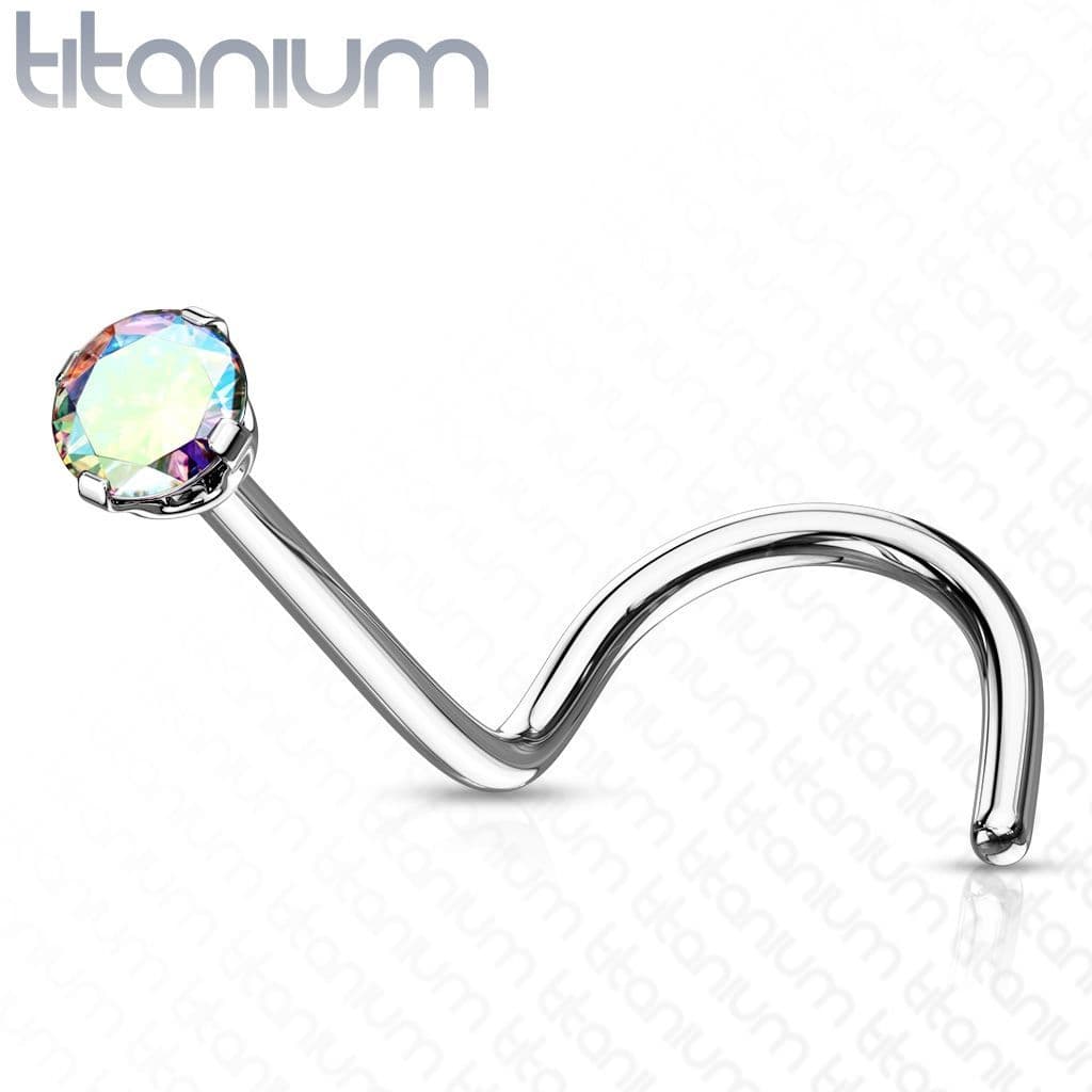 Zahnutý piercing do nosu - titan, kamínek 2 mm (duhová)