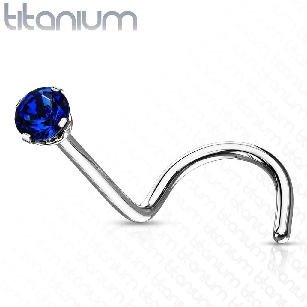 Zahnutý piercing do nosu - titan, kamínek 2 mm (modrá)