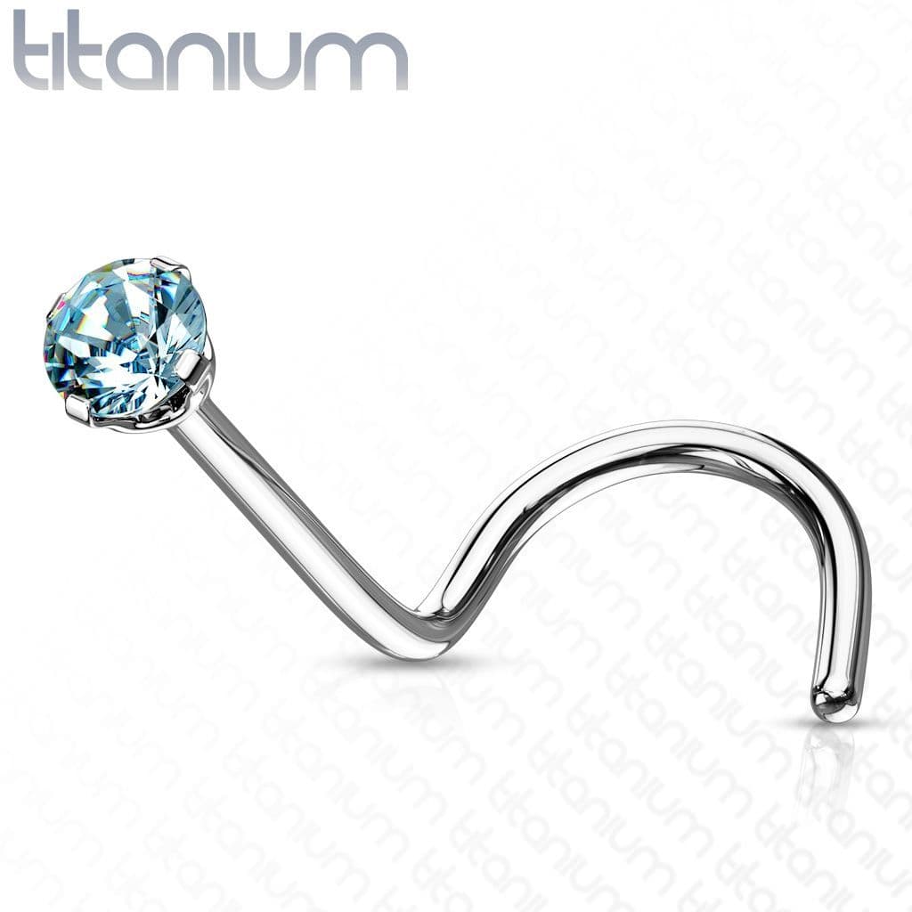 Zahnutý piercing do nosu - titan, kamínek 2 mm (tyrkysová)