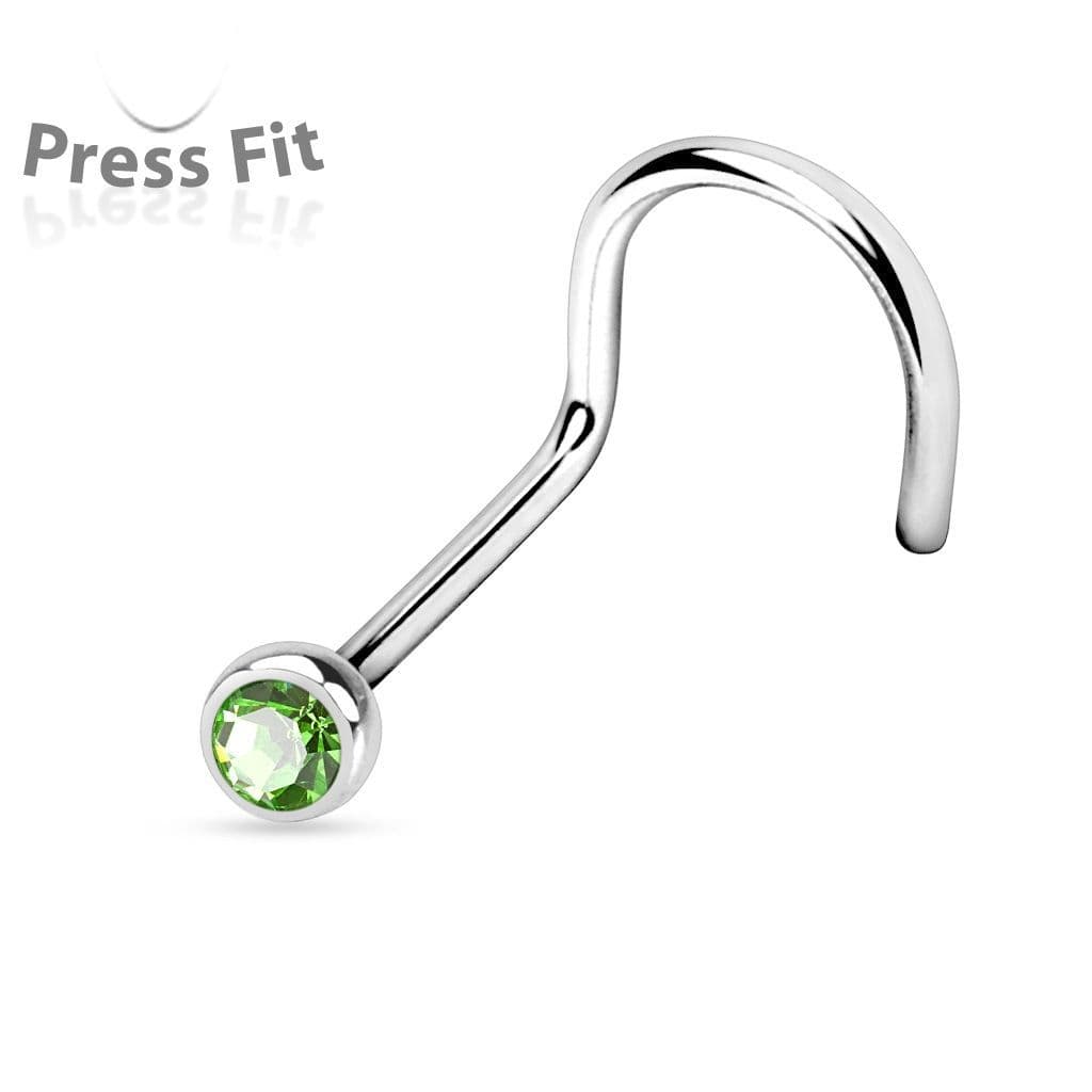 Zahnutý piercing do nosu, zirkon 2,5 mm (zelená)