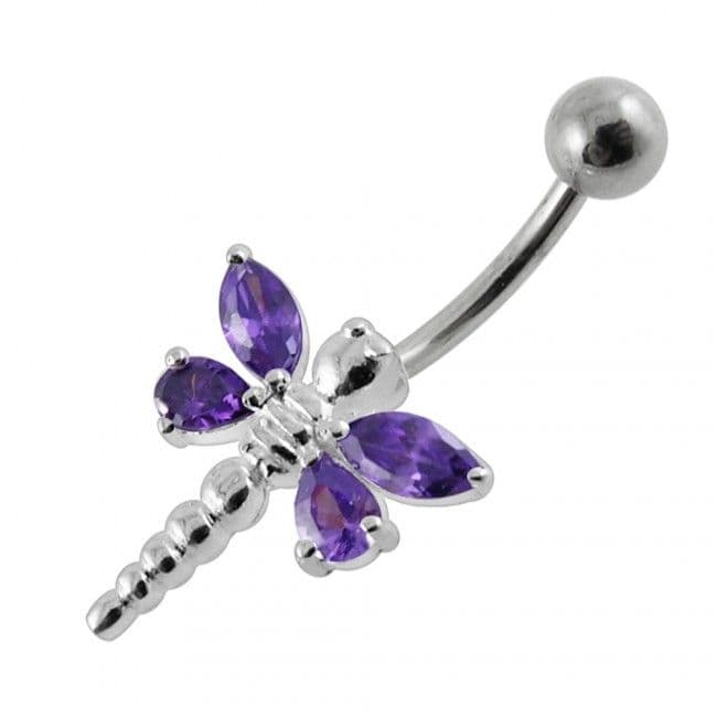Stříbrný piercing do pupíku - vážka (tmavě fialová)
