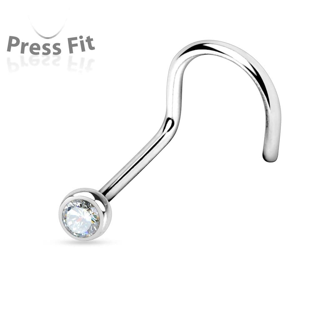 Zahnutý piercing do nosu, zirkon 2,5 mm (čirá)
