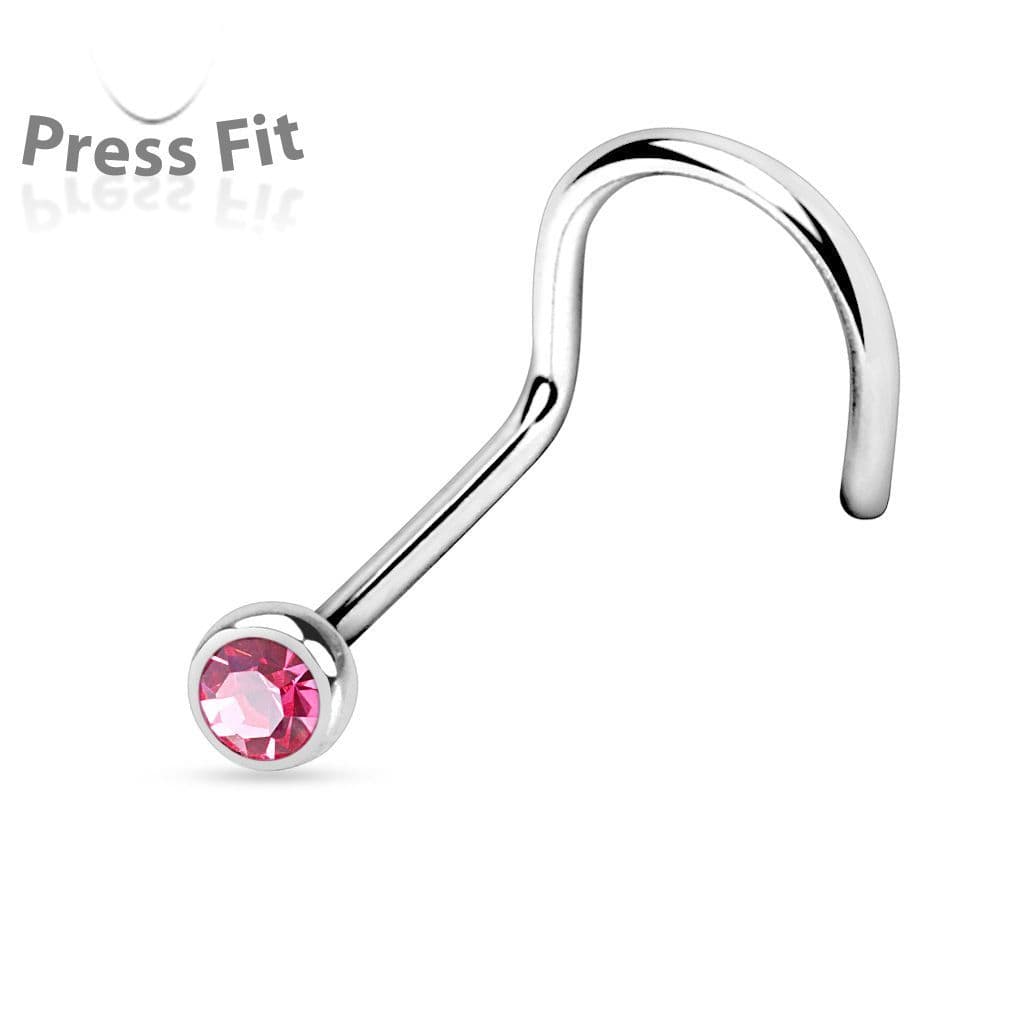 Zahnutý piercing do nosu, zirkon 2mm (růžová)