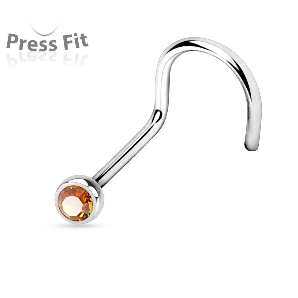 Zahnutý piercing do nosu, zirkon 2mm (žlutá)