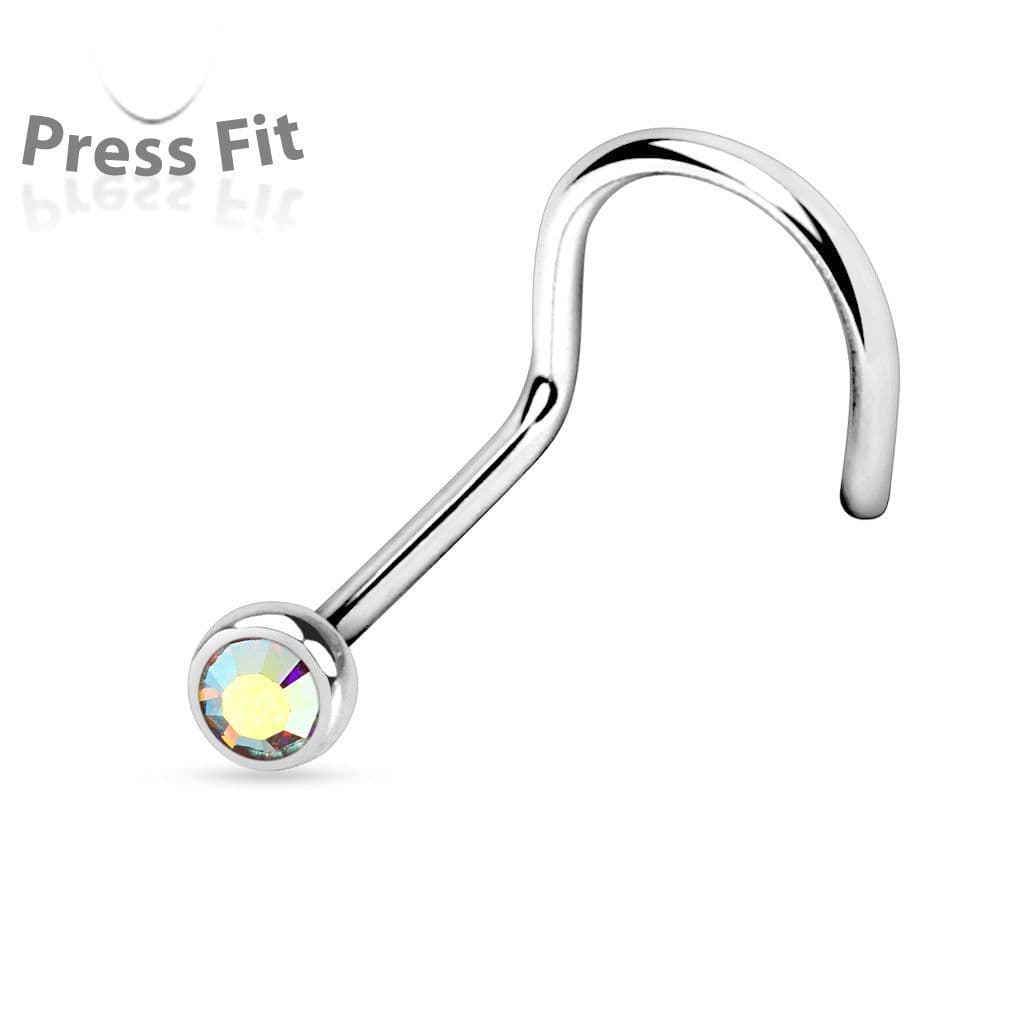 Zahnutý piercing do nosu, zirkon 2mm (duhová)