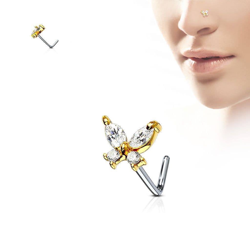 Zahnutý piercing do nosu - motýlek (žluté zlato)