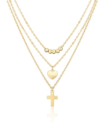 Trojitý stříbrný pozlacený náhrdelník křížek a srdíčko STNAH160F